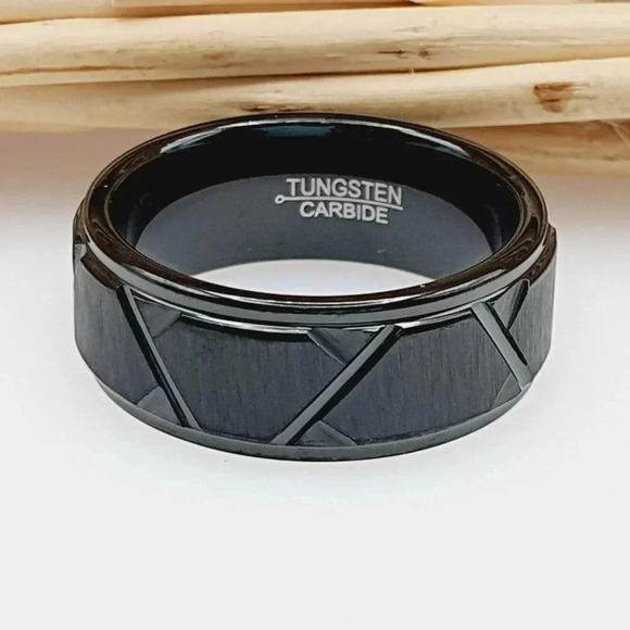 "Geometric Pattern Black Tungsten Wedding Band, GALTUN1024 - Picture 5 of 5